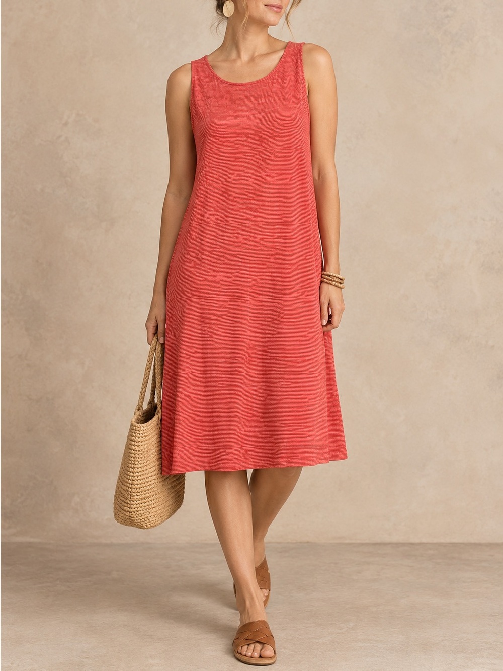 Eileen Fisher XL Coral Stripe 100% Linen Sleeveless Midi Shift Dress